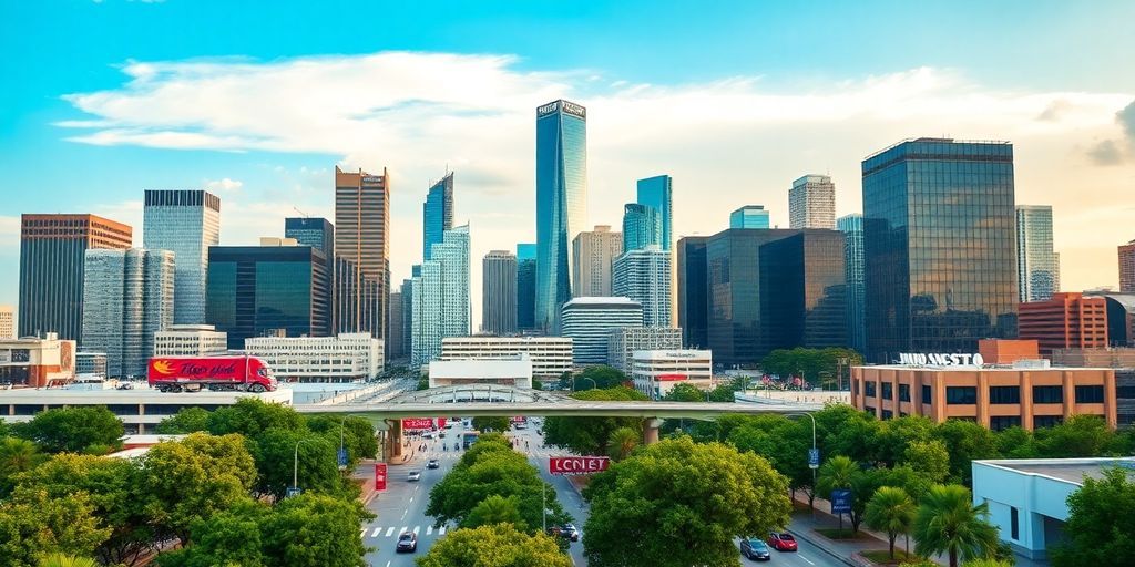 Houston city skyline with people and greenery.