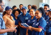 Postal workers assisting customers at a busy post office.