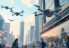 Futuristic city with drones and smart technology in use.