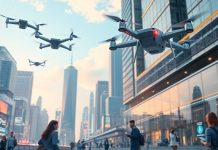 Futuristic city with drones and smart technology in use.