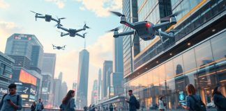 Futuristic city with drones and smart technology in use.