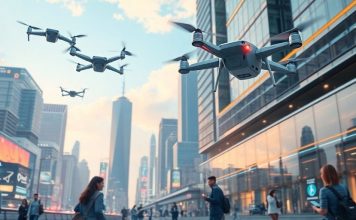 Futuristic city with drones and smart technology in use.