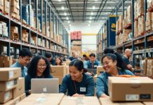 Employees collaborating in a busy Amazon warehouse environment.