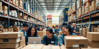 Employees collaborating in a busy Amazon warehouse environment.