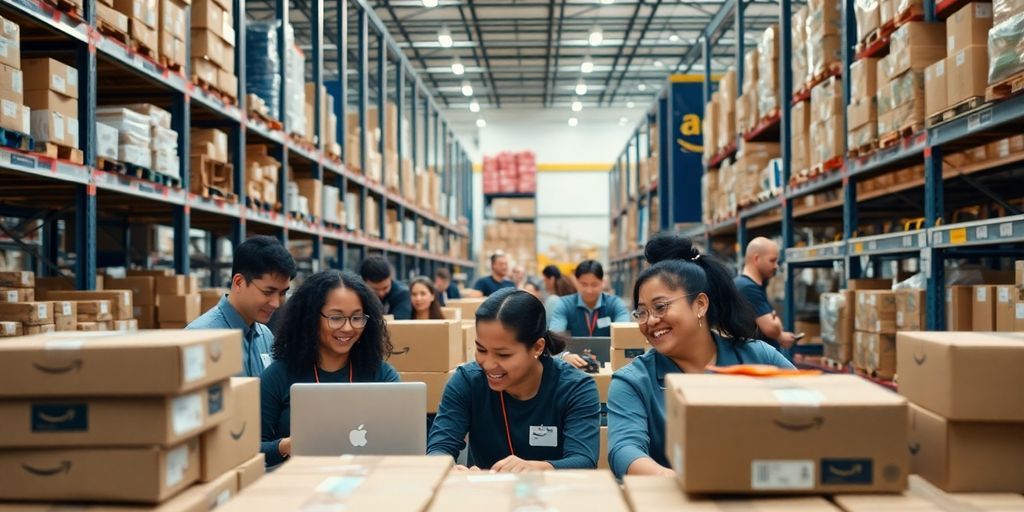 Employees collaborating in a busy Amazon warehouse environment.