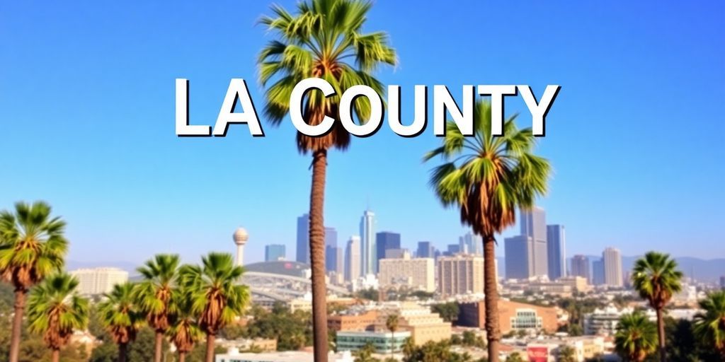 Los Angeles skyline with palm trees on a sunny day.