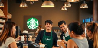 Starbucks baristas serving customers in a cheerful coffee shop.