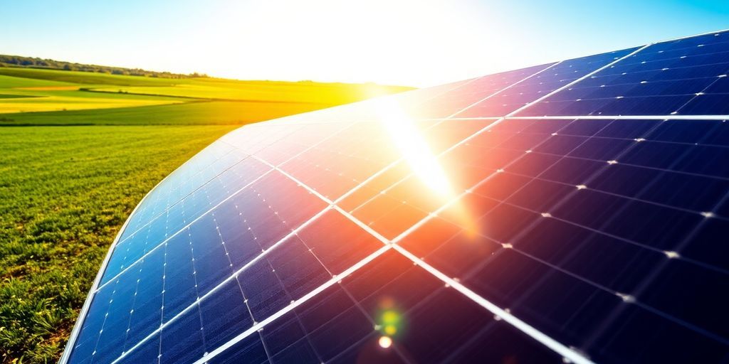 Solar panels in a green field under a bright sky.