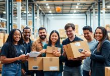 Diverse team working together in an Amazon warehouse.