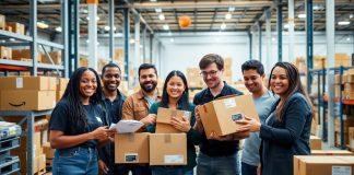 Diverse team working together in an Amazon warehouse.