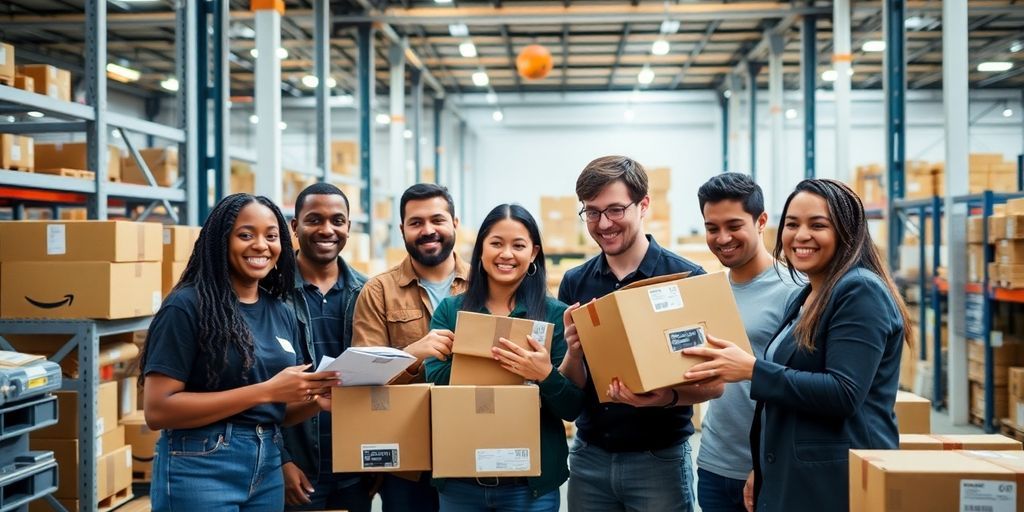 Diverse team working together in an Amazon warehouse.