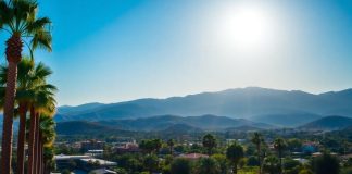 Thousand Oaks, CA landscape with palm trees and mountains.