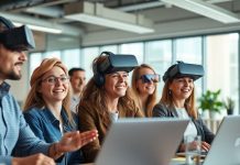 Diverse professionals collaborating with technology in a modern workspace.