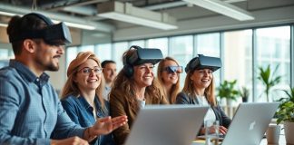 Diverse professionals collaborating with technology in a modern workspace.