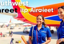 Employees at Southwest Airlines with an airplane in background.