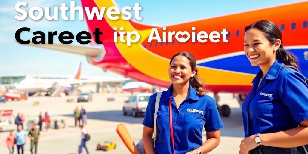 Employees at Southwest Airlines with an airplane in background.