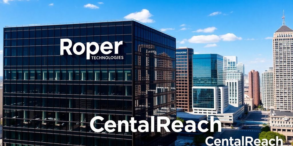 Roper Technologies building with CentralReach logo in cityscape.